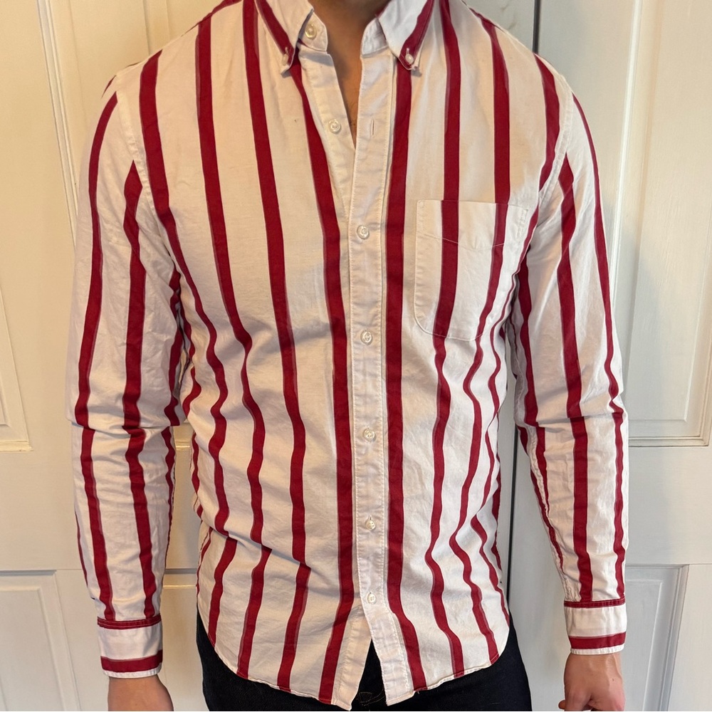 J. Crew Red and White Striped Oxford Shirt